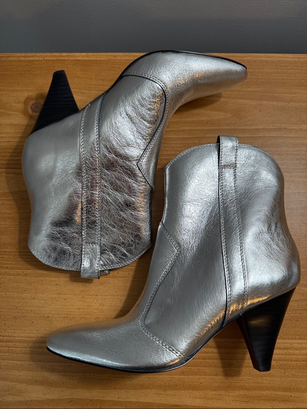Marc Fisher Carissa Metallic Silver Pointed Leather Ankle Booties